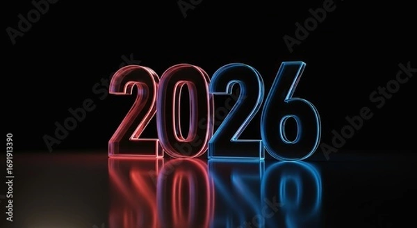 Fototapeta Bold 2026 illuminated in vibrant red and blue neon against a sleek black background, perfect for futuristic tech and business marketing