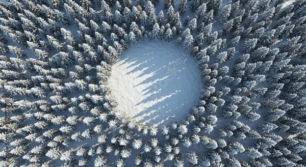 Fototapeta Aerial view of a pristine snow-covered forest with a clearing, perfect for winter travel and serene nature scenes