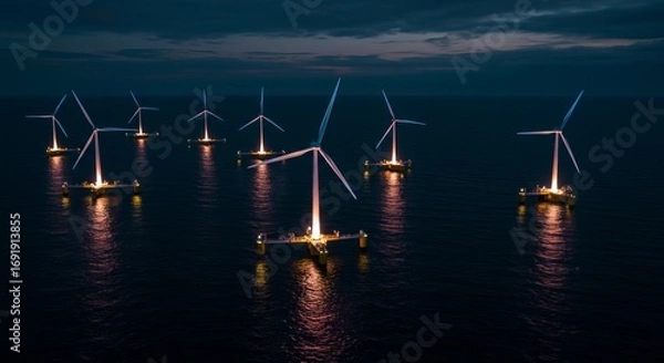 Fototapeta Illuminated offshore wind turbines at dusk, showcasing sustainable energy and eco-friendly power generation over ocean waters