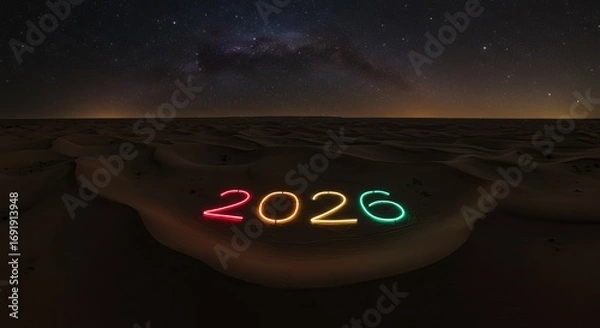 Fototapeta Vibrant neon 2026 glowing over desert dunes under starry night sky, creating a futuristic New Year scene