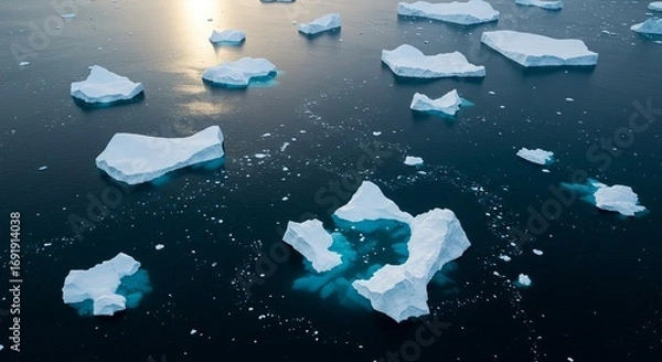 Fototapeta Icebergs floating serenely in the Arctic ocean waters with stunning blue hues, capturing the beauty of nature and climate change.