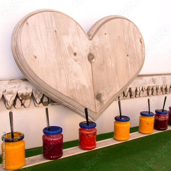 Fototapeta Wooden heart display with colorful jars