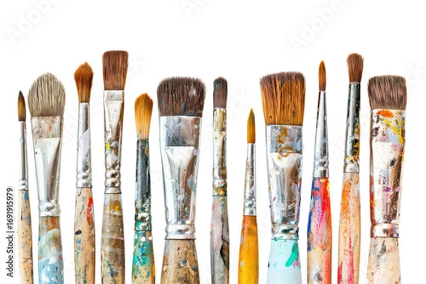 Fototapeta Assorted painting brushes standing upright isolated on transparent background.