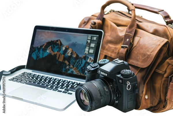 Fototapeta Leather travel bag with laptop partially visible isolated on transparent background.