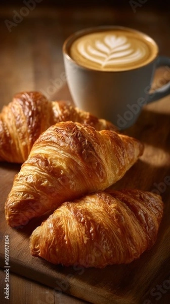 Fototapeta Three delicious croissants with a coffee with a drawing inside served on a wooden board, image with copyspace