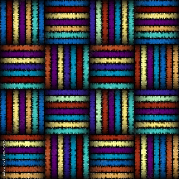 Fototapeta Imitation of geometric embroidery pattern. Colored lines on a black background. Ethnic and tribal motifs. Seamless vector background in the bohemian style.