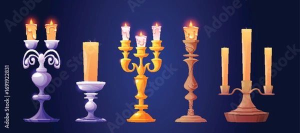 Obraz Cartoon vintage candlestick set with glowing flames and ornate designs - golden, silver and bronze holders with melting wax for decoration. Medieval or gothic style candelabra asset for game interface