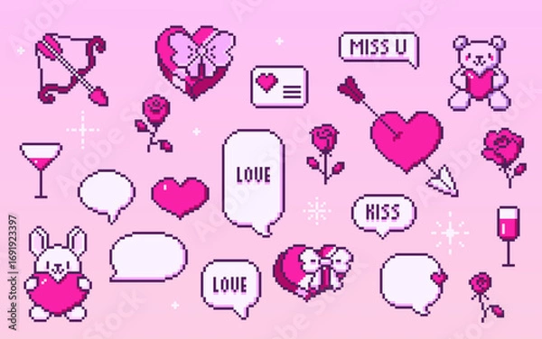 Obraz Cute 8 bit set with pixel valentine retro icons for romantic design - pink hearts, bunny with love, bow and arrow, rose and wine glass. Envelope and teddy bear element for dating game or greeting card