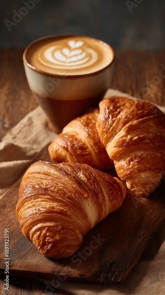 Fototapeta Three delicious croissants stacked with a coffee with a drawing inside served on a wooden board, image with copyspace