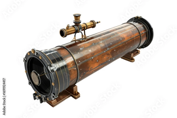 Fototapeta Brass telescope with vintage design isolated on transparent background.