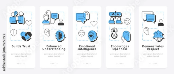 Fototapeta Active listening benefits mobile app onboarding screens. Mental wellness, communication skills. Critical thinking. Flat UI UX design, blue highlight with outline icons conceptual. Lexend font used