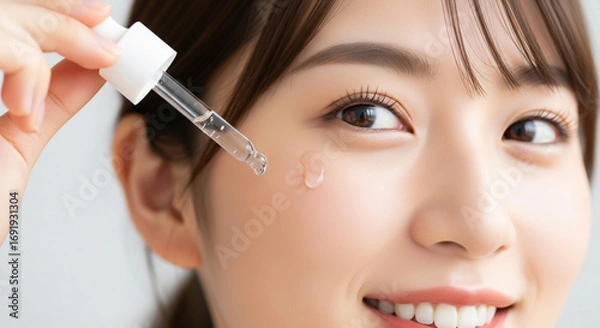 Fototapeta スポイトで美容液（セラム）を塗る笑顔の若い日本人女性