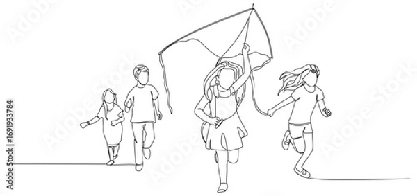 Fototapeta continuous line of small children running around playing kites eps 2