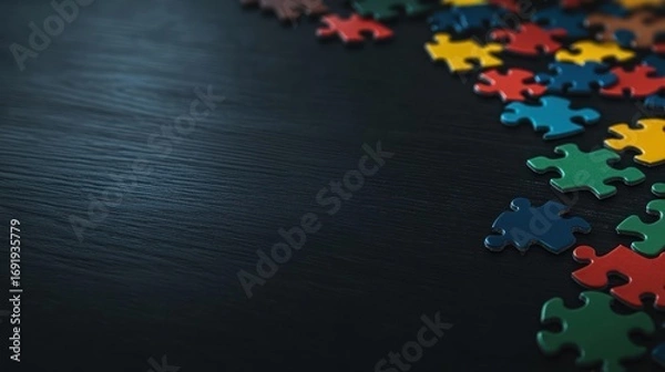 Fototapeta Colorful puzzle pieces scattered on dark surface