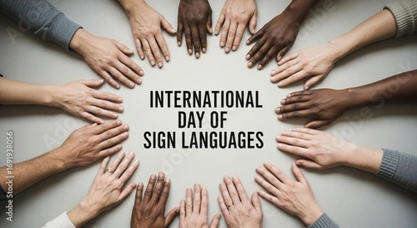 Fototapeta Diverse hands form a circle around "International Day of Sign Languages" text, promoting deaf community awareness and global communication