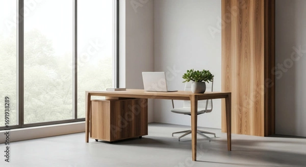 Fototapeta Modern Home Office with Natural Light and Minimalist Wooden Desk, Fostering Serene Productivity and a Connection to Nature.