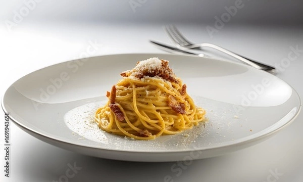 Fototapeta Indulge in a perfectly plated, savory spaghetti carbonara with crispy bacon and rich cheese, ready to enjoy.