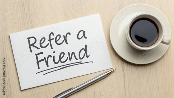 Fototapeta Refer a friend message with coffee on the table