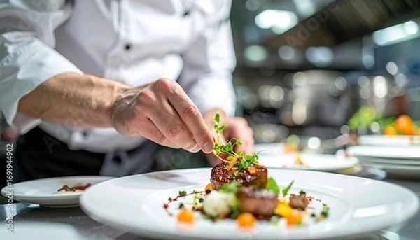 Obraz Culinary Artistry: A Chef's Precision in Plate Presentation
