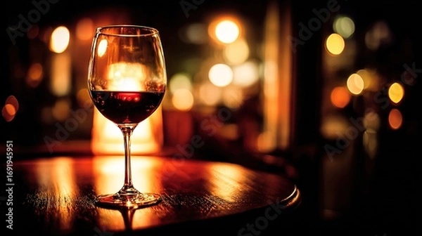 Obraz ダークウッドのテーブルの上にエレガントに置かれた赤ワインのグラスが、暖かい周囲の光を反射しています。