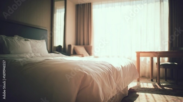 Obraz 朝日が差し込む静かなホテルのベッドルーム。きちんと整えられたベッドと薄いカーテンが特徴です。