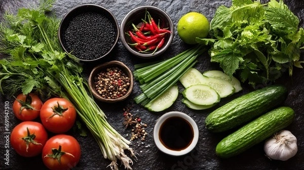 Obraz アジア料理の食材を新鮮なハーブやスパイスとともに素朴な石の上に美しく盛り付けました。