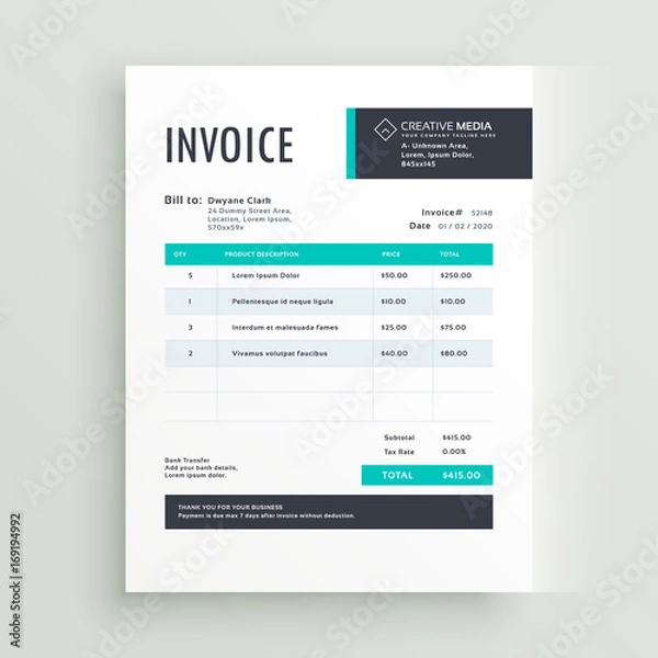Fototapeta invoice vector template design in blue theme