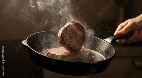 Fototapeta Sizzling steak, Pan-seared beef fillets with flavorful smoke and aromatic spices