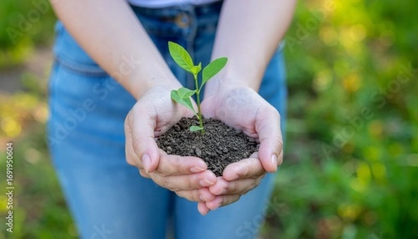 Fototapeta Close-up of hands holding small green plant with soil, symbol of care, conservation and growth