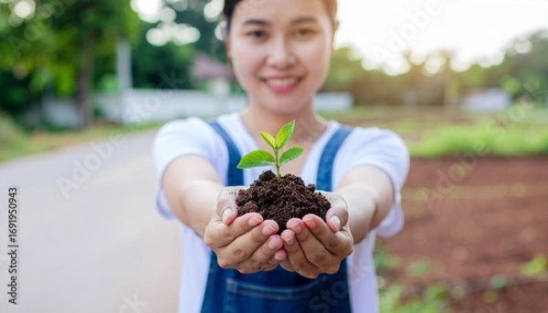 Fototapeta Person holding small green plant seedling in hands with soil, blurred natural background