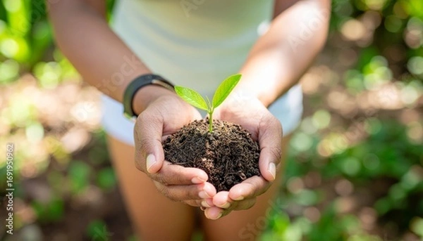 Fototapeta Person holding small green plant seedling in hands with soil, blurred natural background
