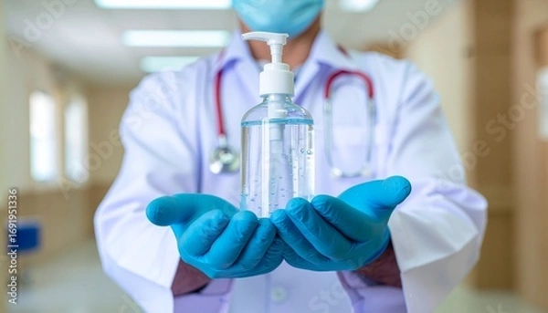 Fototapeta Doctor in medical gloves holding a bottle of hand sanitizer, hospital background blur