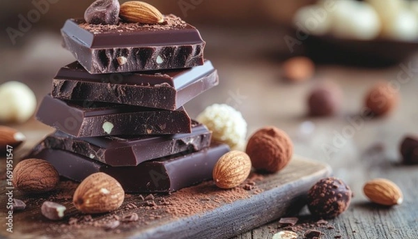 Fototapeta Luxury artisan dark chocolate pieces with cocoa powder on black slate, elegant advertising concept