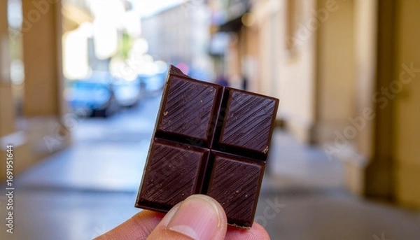 Fototapeta Hand holding piece of artisan dark chocolate with elegant blurred background