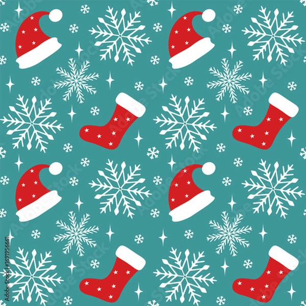 Fototapeta Santa Hats and Christmas Stockings Seamless Vector Pattern with Snowflakes
