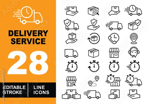 Fototapeta Delivery Service line icon set. Truck, hand, box, cursor, shield, clock, arrow, phone, location, store, headset, stopwatch, route, package, delivery and more. Editable stroke icons collection.