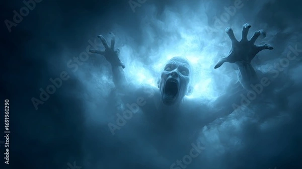 Fototapeta Screaming Face with Glowing Eyes in Fog