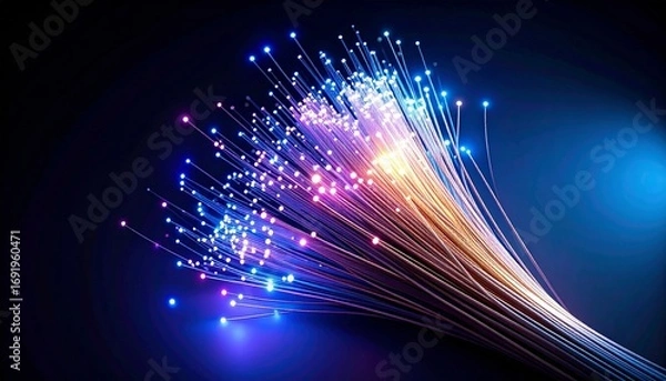 Fototapeta Fiber optic strands illuminate a surreal network in abstract digital art