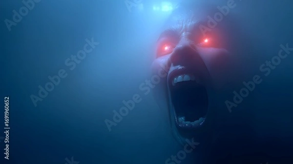 Fototapeta Screaming Face with Glowing Eyes in Fog