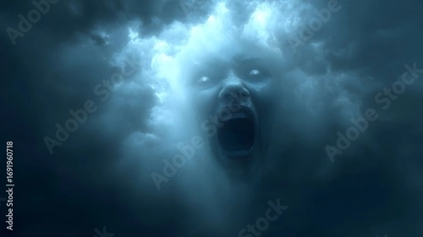 Fototapeta Screaming Face with Glowing Eyes in Fog