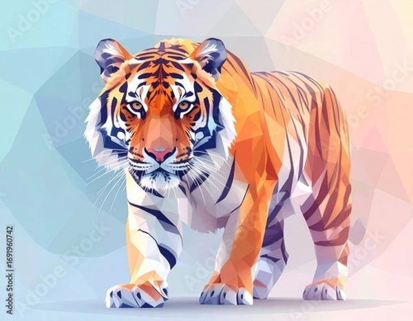 Obraz A powerful tiger walking forward, created in a vibrant, modern low poly geometric style. This dynamic illustration symbolizes strength, determination, and raw nature.