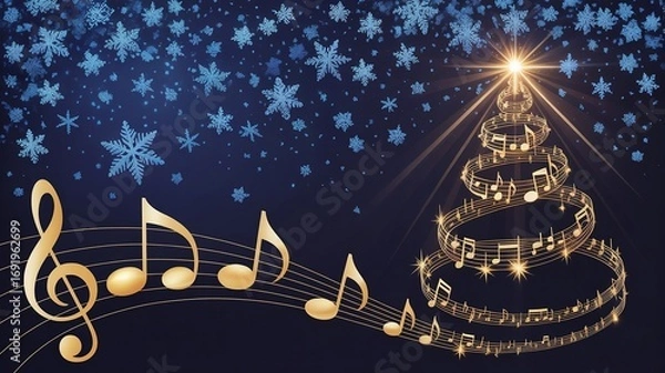 Obraz Golden musical notes with Christmas tree made of music symbols, starry night background with snowflakes, festive holiday design – AI-Generated.