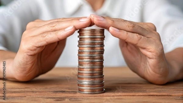 Fototapeta Stack of coins protected by human hands