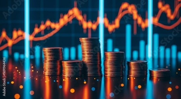 Fototapeta Stacks of Money Against a Dynamic Stock Market Background