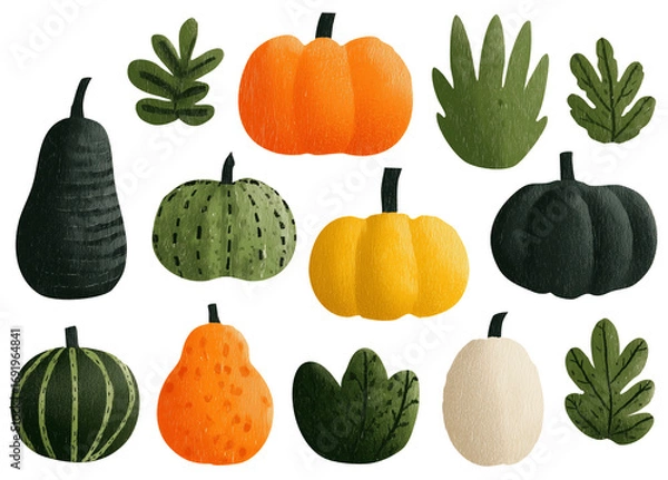 Obraz Set of cute hand drawn pumpkins and plants, textured Thanksgiving or Halloween decoration elements, Transparent background, PNG