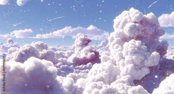 Fototapeta Fluffy cloudscape with pastel hues and starry sky