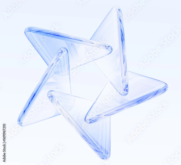 Fototapeta Crystal star 3d shape of glass transparent triangle plates on light blue background. Clear circle frame effect. Abstract glossy geometric figure render icon, isolated design element. 3D illustration