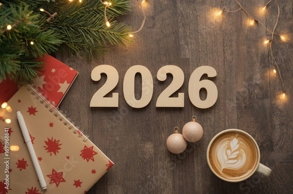 Obraz New Year 2026 celebration with festive notebooks, ornaments, coffee, and holiday lights on wooden background – AI-Generated.
