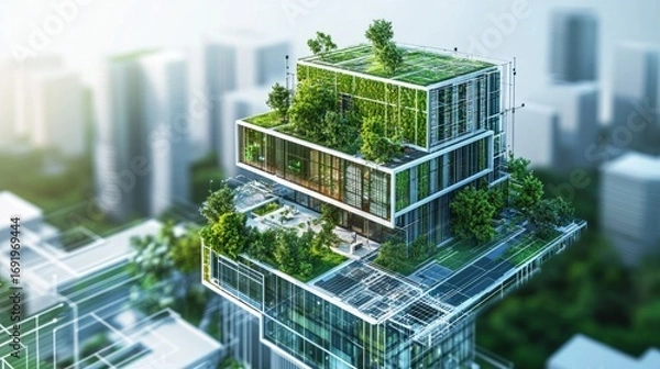 Fototapeta Modern green building design with stacked, tiered levels; rooftop gardens and city in background