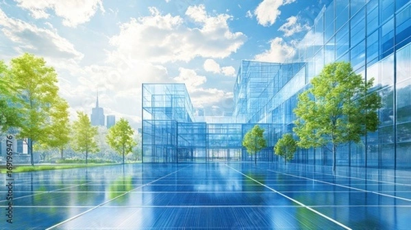Fototapeta Modern glass building with reflective surfaces under a bright sky, featuring trees